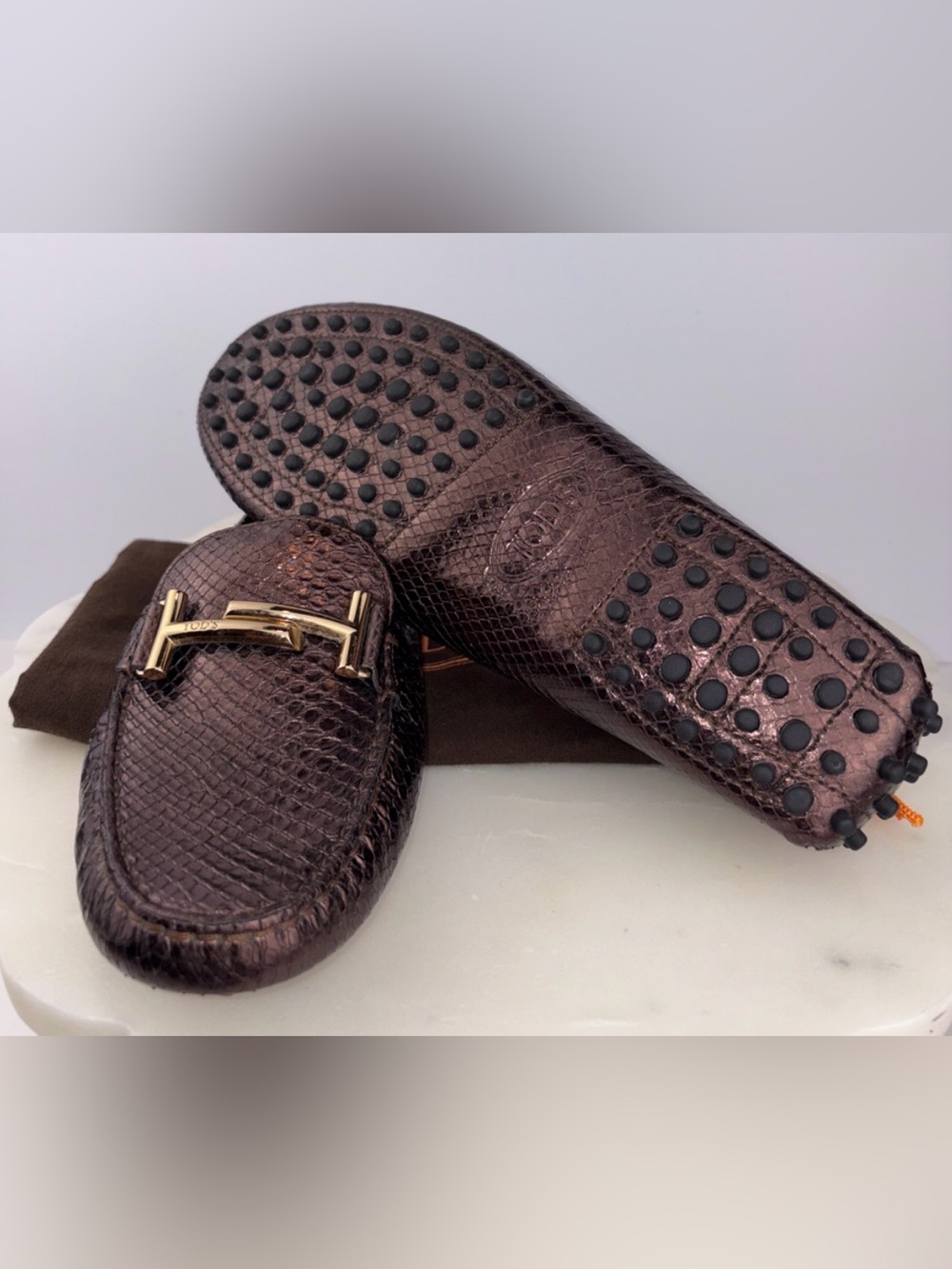 NWOB Tod’s Double T Loafers ~ in Metallic Brown Python Leather